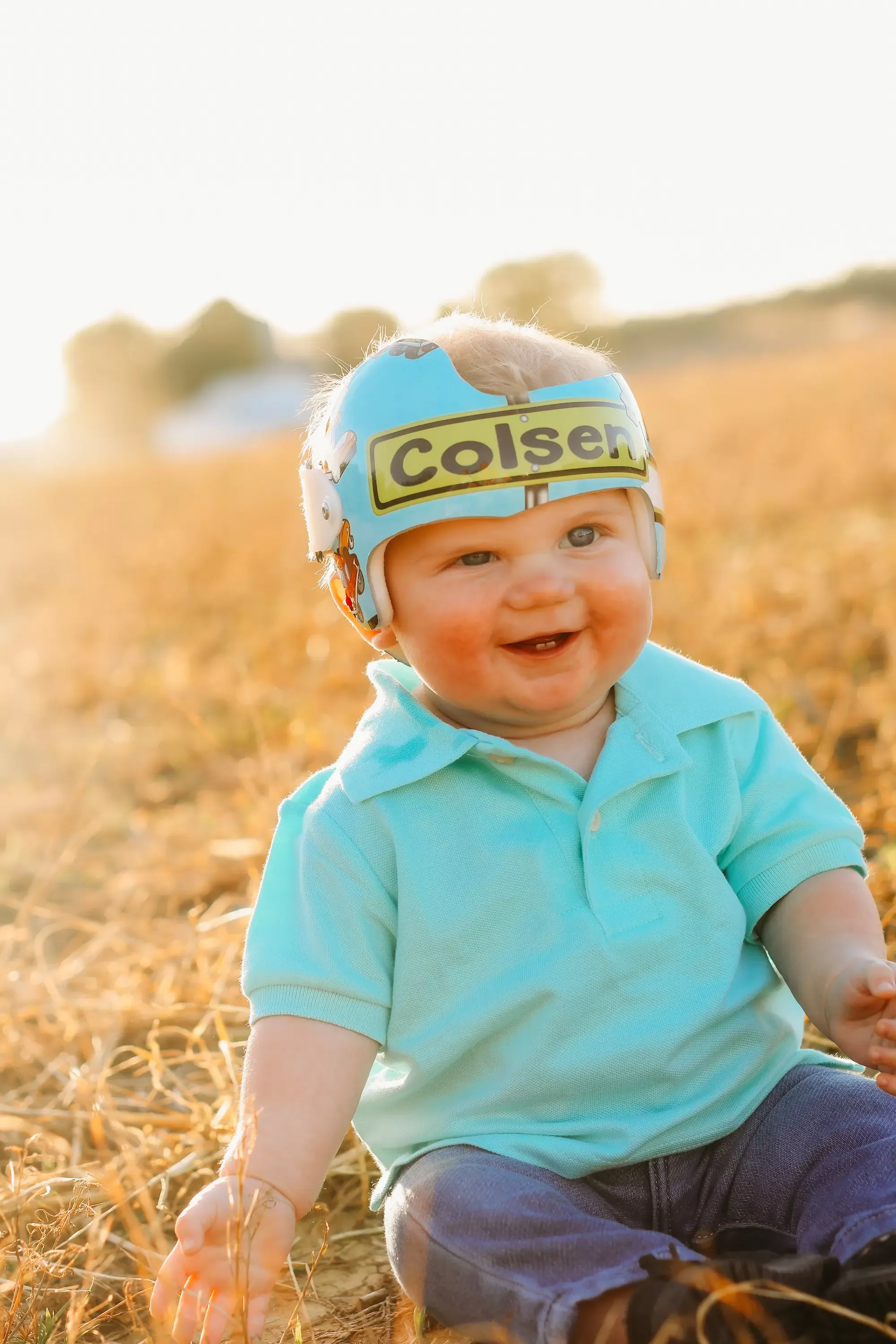 Baby wearing DOC Band helmet for plagiocephaly treatment